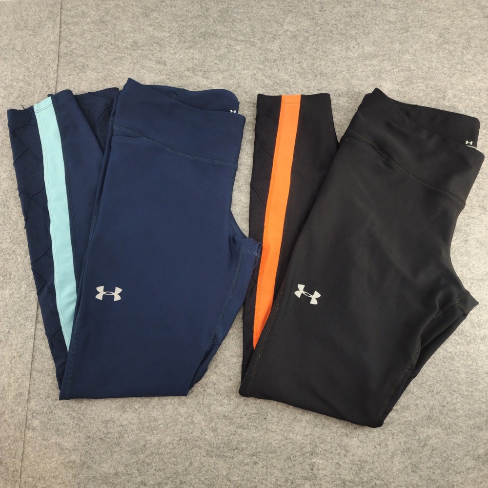 x2 Under Armour Large | Black Orange Blue Laser Cut Running Leggings Womens
